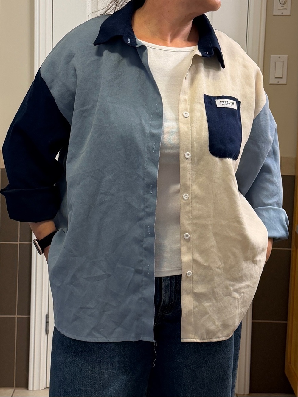 SHEIN Colorblock Button-Down Shirt - Blue, Navy & Cream